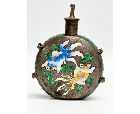 A Late 19th/Early 20th Century Chinese enamel over pewter moon flask scent bottle. 11x4x14.5cm 