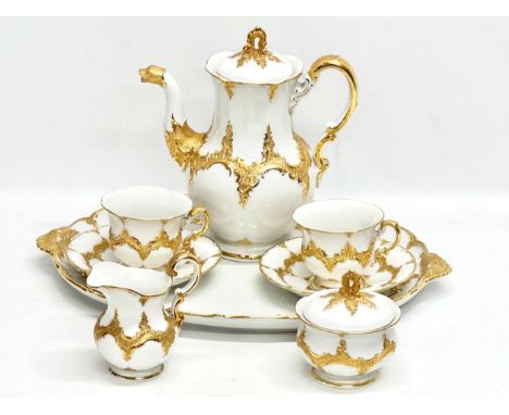 A Meissen ‘B Form’ gilt porcelain Mocha tea for 2, tea service. Tray 45x32cm. Coffee pot/teapot 24x25cm. 