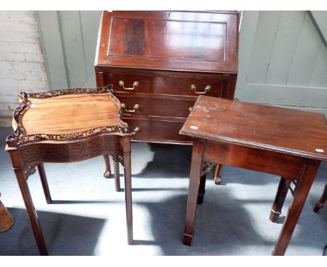 A MAHOGANY CHINESE CHIPPENDALE STYLE TABLE, WITH FRET GALLERY and blind-fret frieze 46cm square, a mahogany bureau, and a Geo