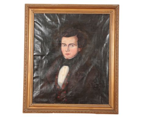 NAIVELY PAINTED 19th CENTURY PORTRAIT OF A GENTLEMAN oil on canvas, patched to back, 70 x 81cms