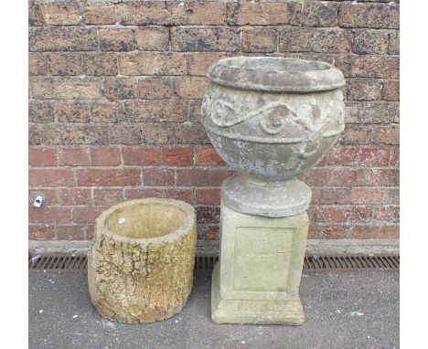 A GARDEN URN with associated plinth 75cm high, and a faux bois planter (3)
