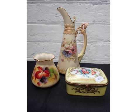 A FRENCH PAINTED PORCELAIN BOX 19th century, with gilded brass mounts, a Royal Worcester vase and jug, the latter A/F
