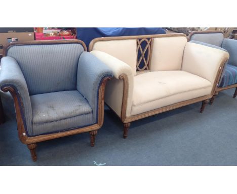 A 19th CENTURY BIEDERMEIER STYLE SALON SUITE with faded walnut frame, the sofa 155m wide with central open back splat, the pa