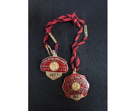 THE ROYAL HONG KONG JOCKEY CLUB: MEMBER BADGE (DOUBLE) 1975-1976 in red enamel, no. 3607