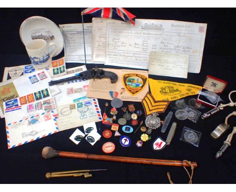 A VINTAGE 'SIDI' TOY CAP GUN, A SMALL UNION JACK 'Acme' whistles, first day covers, Scouting interest, badges and other colle