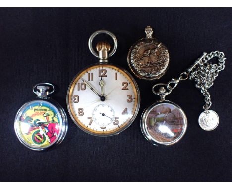 A GENTLEMAN'S SILVER-PLATED EIGHT DAY OPEN FACE POCKET WATCH with keyless wind movement, the white enamel dial with black lum