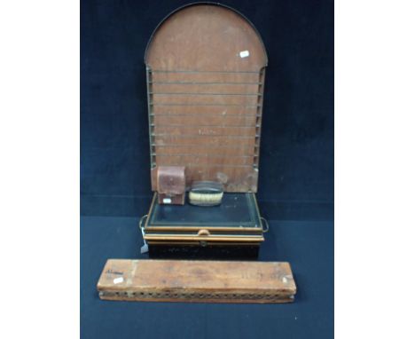 A WOODEN CIGAR MOULD, SHOVE HA'PENNY BOARD a japanned metal box and a vintage camera