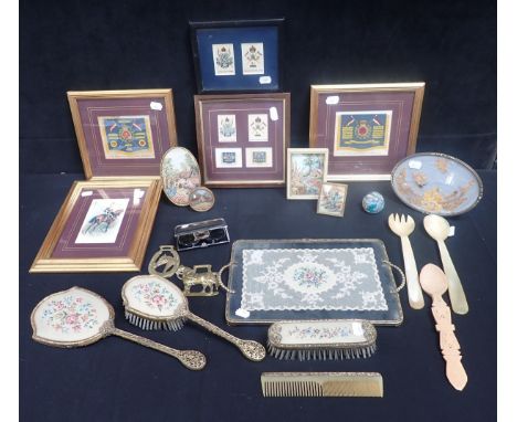 A COLLECTION OF FRAMED MILITARY CIGARETTE SILKS small embroidered pictures, vintage dressing table accessories and other item
