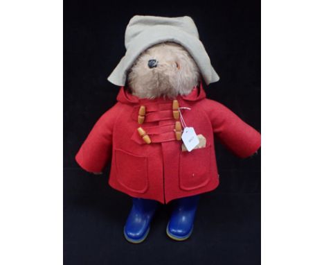 A VINTAGE PADDINGTON BEAR WITH RED DUFFEL COAT AND  BLUE WELLIES c.1980