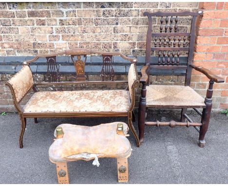 A SMALL EDWARDIAN INLAID ROSEWOOD SETTEE 104cm wide (repaired), a Lancashire spindle-back armchair (a/f), and a camel stool (