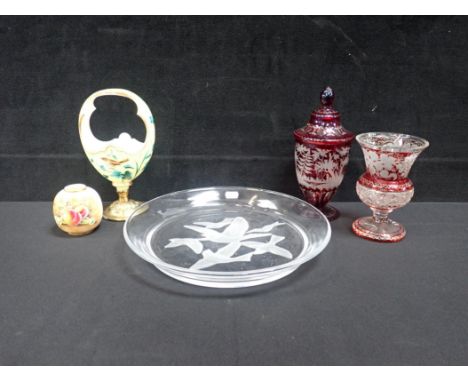 AN OVERLAID AND CUT GLASS COVERED URN, A SIMILAR  VASE a Worcester vase decorated with fruit, signed J Smith, a cut glass cha