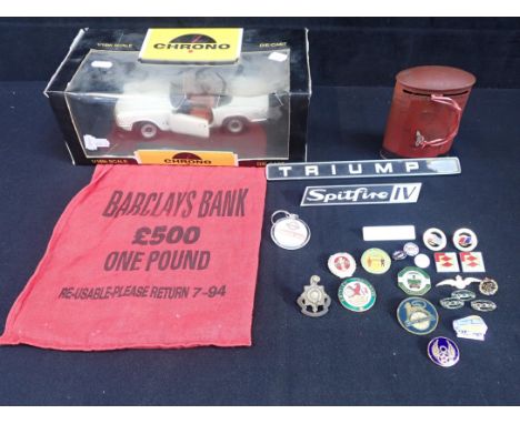 VARIOUS ENAMEL BADGES, INCLUDING 'BRITISH RAILWAYS' and others, a Spitfire IV car badge, a Triumph badge (a/f), a Chad Valley