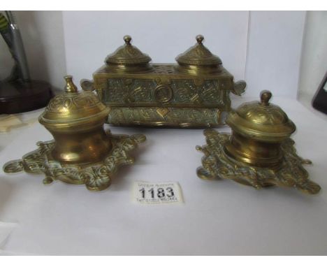 A brass double ink stand and 2 glass ink wells