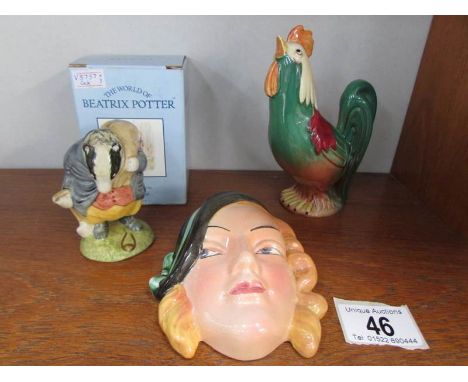 A Beswick cockerel, A Royal Doulton Beatrix Potter figure of Tommy Brock, and an art deco style wall plaque