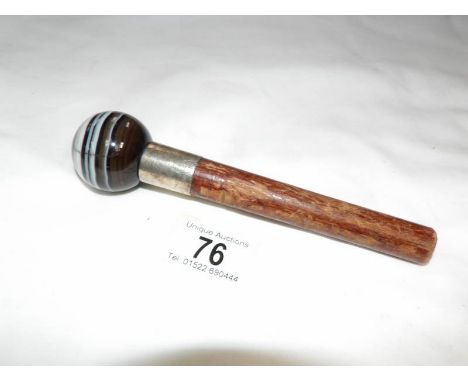 An agate gem stone silver mounted walking stick handle