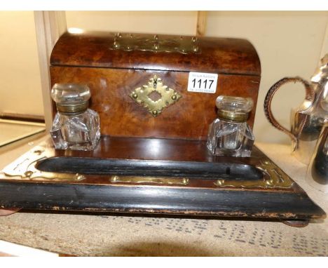 A Victorian walnut desk stand complete with inkwells, a/f