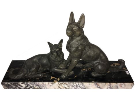 A French art deco figure of 2 Alsations on a marble base, 60cm x 14.5cm