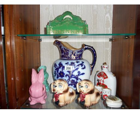 A Doulton Lambeth jug a/f, A Russian flask, 2 tots and a pink Sylvac rabbit