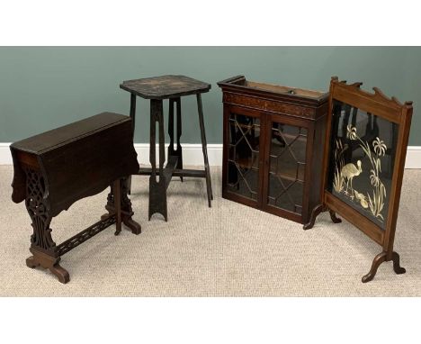 FOUR ITEMS OF FURNITURE each circa 1900, comprising mahogany drop leaf Sutherland table, wavy edge top, lyre shape fretwork s