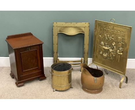 VICTORIAN & LATER FIRESIDE ITEMS, to include mahogany fall front coal box, lined interior, brass scoop, 62cms (h), 42cms (w),