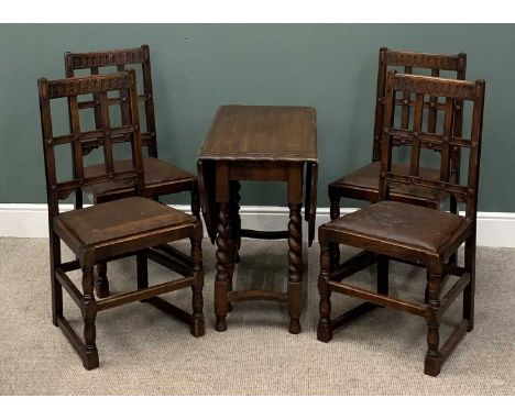 OAK GATELEG DINING TABLE & FOUR CHAIRS, piecrust edge top, barley twist supports, shaped end stretchers, 73cms (h), 90cms (l)