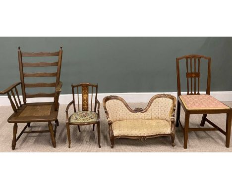 FOUR ITEMS OF VINTAGE SEATING comprising reproduction camel back carved couch, 49 (h) x 88 (w) x 31cms (d), Edwardian inlaid 