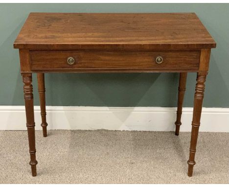 MAHOGANY SINGLE DRAWER SIDE-TABLE, brass circular backplates, wreath ring pull handles, single pine lined drawer, turned tape