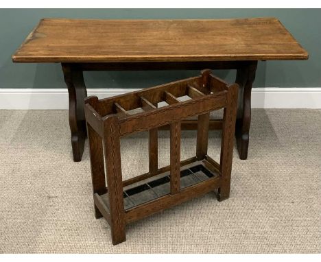 ARTS & CRAFTS STYLE OAK STICKSTAND & AN OAK REFECTORY TABLE, five section stand, boxwood and ebony inlays, drip tray intact, 