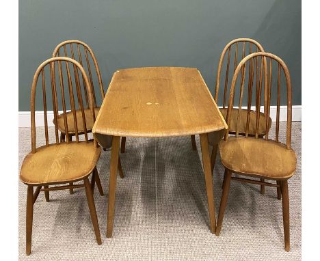 ERCOL TWIN FLAP DINING TABLE & FOUR HOOP-BACK DINING CHAIRS, 74 (h) x 69 (w closed) x 110cms (l) and 100 (h) x 44 (w) x 38cms