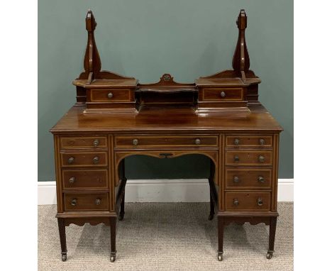 MAHOGANY DRESSING TABLE circa 1900, lacking mirror, boxwood string inlay, two drawer top section with central shelf, central 