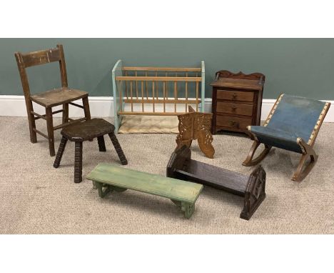 EIGHT ITEMS OF VINTAGE COLLECTABLES / FURNITURE comprising doll's cot, 48cms (h), 63.5cms (l), 31cms (w), child's farmhouse c