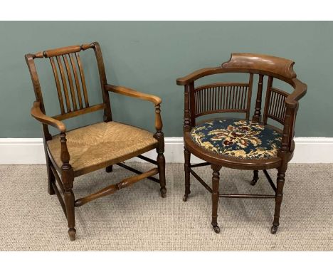 TWO SMALL ARMCHAIRS Edwardian and later, comprising line-inlaid mahogany tub type example, curved spindle gallery back, fabri