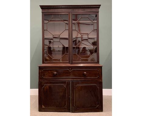 MAHOGANY SECRETAIRE BOOKCASE circa 1840, (for restoration), twin 15 pane astragal glazed doors, central reeded brass keep, sl