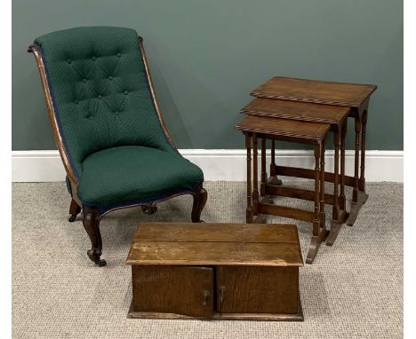 THREE ITEMS OF VICTORIAN & LATER FURNITURE, comprising carved walnut nursing chair, button back upholstered, knurled end fron