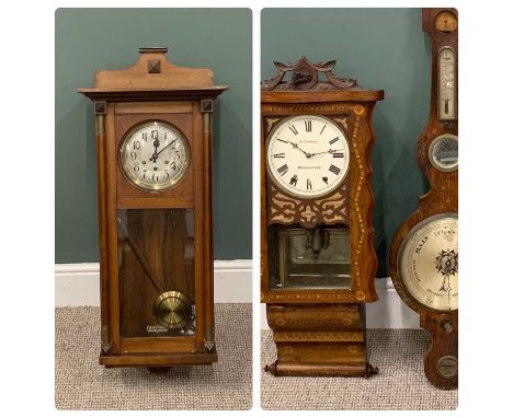 GUSTAV BECKER MAHOGANY & A WALNUT CASED VIENNA TYPE WALL CLOCKS, ebonised clock case and a mahogany banjo barometer, walnut c