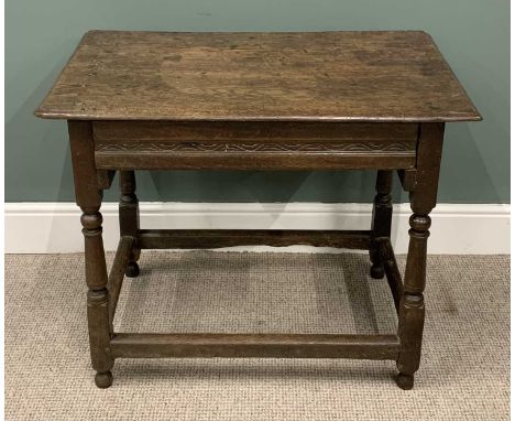 ANTIQUE OAK SINGLE DRAWER TABLE circa 1800, planked top, moulded edge, carved drawer front, peg joined construction, turned a
