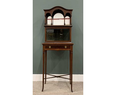 EDWARDIAN CROSSBANDED MAHOGANY DISPLAY TOP SIDE TABLE, (marriage), shaped top canopy mirror, turned pillar and brass balustra