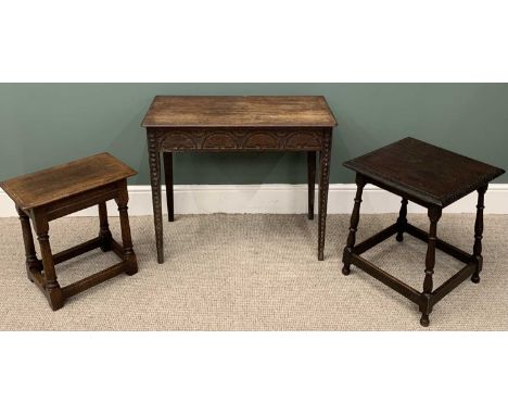 THREE PIECES VINTAGE OAK OCCASIONAL FURNITURE, comprising rectangular top side table, carved frieze, tapering square supports