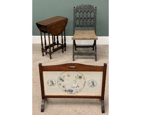 THREE ITEMS OF VINTAGE FURNITURE comprising small oak gateleg table, twin-flap, turned and block supports, 61cms (h), 53cms (