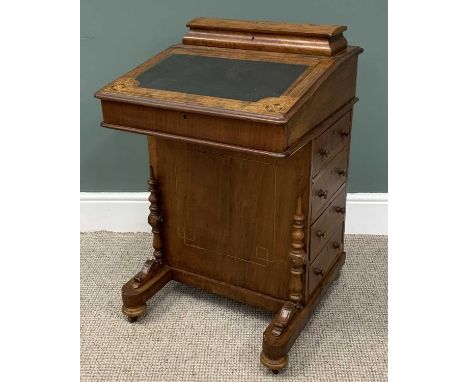 VICTORIAN WALNUT DAVENPORT, lidded top box with inner compartments, inlaid detail repeated to the slope, inset skiver writing