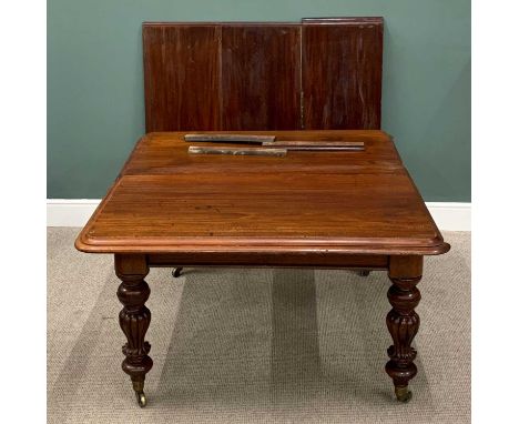 VICTORIAN MAHOGANY WIND-OUT DINING TABLE, three additional leaves, moulded edge rounded corner top, turned pumpkin style supp