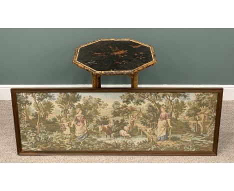 VICTORIAN BAMBOO SIDE TABLE & A FRAMED MODERN TAPESTRY, octagonal top, lacquered bird and floral detail, conjoining under tie