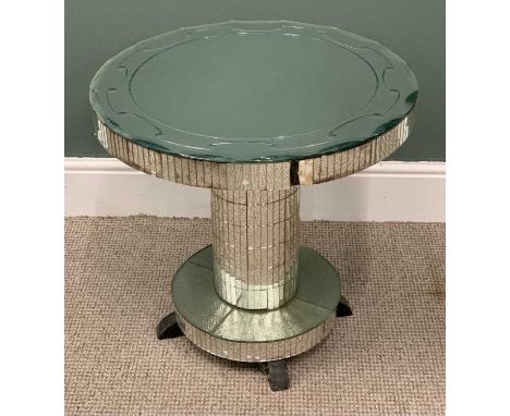 ART DECO STYLE MIRRORED CIRCULAR TABLE, bevel edged top, mirrored tile sides and central column, ebonised feet, 58 (h) x 61cm