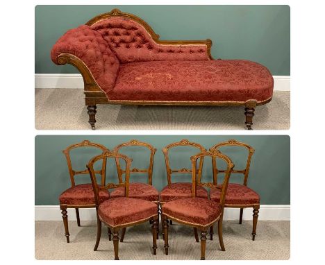 SEVEN PIECE INLAID WALNUT PARLOUR SUITE, late Victorian, comprising button back upholstered chaise lounge, shaped back, curle