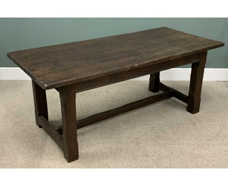 ANTIQUE STYLE OAK REFECTORY TABLE with 3.5cms thick top, substantial canted edge square supports, cross stretcher, peg joined