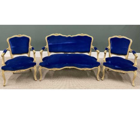 THREE PIECE PARLOUR/SALON SUITE bearing Mariana Garcia Valencia labels, limewashed-effect, shaped carved frame, blue upholste