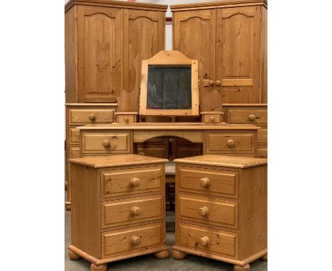 EIGHT PIECE MODERN PINE BEDROOM SUITE, comprising double wardrobe with twin base drawers, 192 (h) x 96 (w) x 60cms (d), doubl