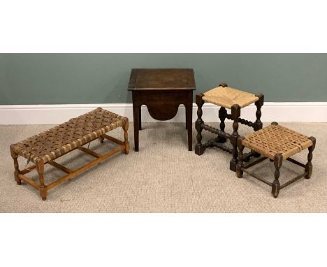 FOUR VINTAGE STOOLS comprising antique oak commode stool, cleated end lift-lid, potty aperture, shaped aprons, square support