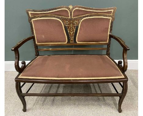 INLAID MAHOGANY TWO SEATER SALON SETTEE, ribbon, floral and swag inlay, upholstered back pads and seat, curled arm end suppor