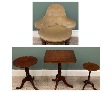 VICTORIAN WALNUT FRAMED CORNER TYPE SALON CHAIR, shaped button upholstered back, round seat, inlaid and cross banded walnut b